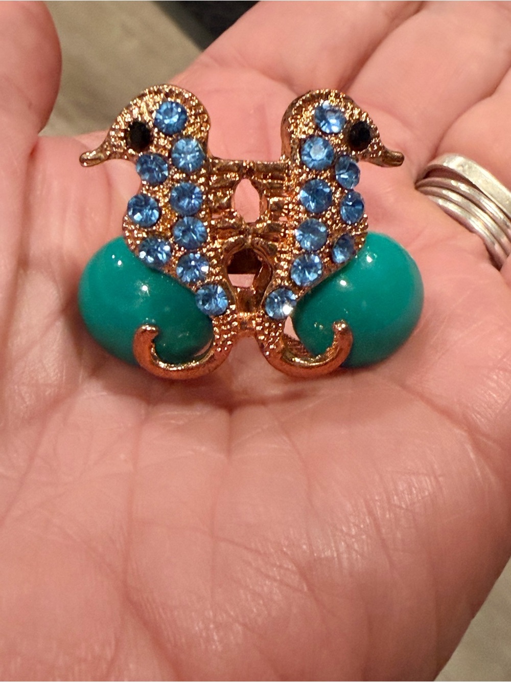 Blue Crystal & Aqua stone double Seahorse Statement Ring adjustable